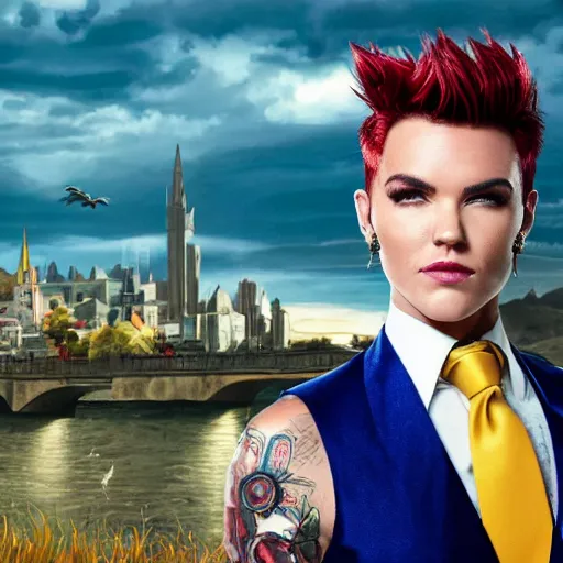 Prompt: portrait of Ruby Rose with spiky red hair and wearing gold contact lenses and dressed in a blue men's suit with a yellow tie, standing on a stone bridge with a fantasy city of tall stone towers in the background, by Alex Ross