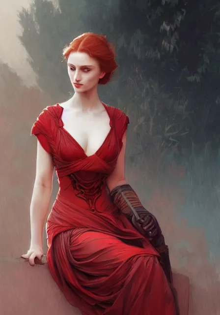 Image similar to sansa fatal women in red, intricate, elegant, highly detailed, digital painting, artstation, concept art, smooth, sharp focus, illustration, art by artgerm and greg rutkowski and alphonse mucha and william - adolphe bouguereau