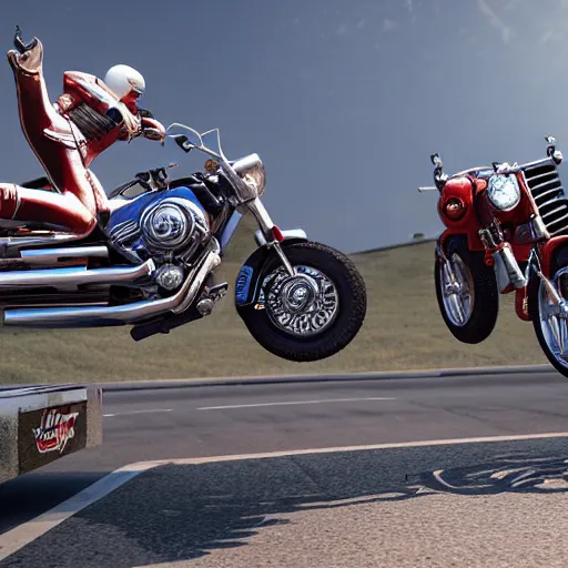 Prompt: evel knievel jumping over vehicles on harley davison 3 d studiomax, maya 3 d, unrealengine, 4 k, 8 k, hdr, extreme render, mind - bending reality, hyper detailed, wide angle ultra - vivid, photo - realistic nikon 3 5 mm, photograph