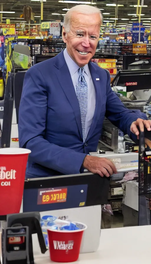 Prompt: joe biden working at walmart, cinema still