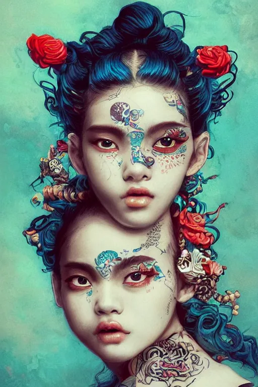 Prompt: an epic painting of a young girl, complete figure view, curly messy high bun hairstyle, oriental tattoos, subject wearing a harajuku style outfit, flowing, ornate, kawaii, beautiful, navy blue, coral red, mint, taupe, with few baby blue highlights, cinematic light, volumetric shading, by Greg Rutkowski and Jeremy Mann, trending on Artstation, 80mm lens, oil on canvas