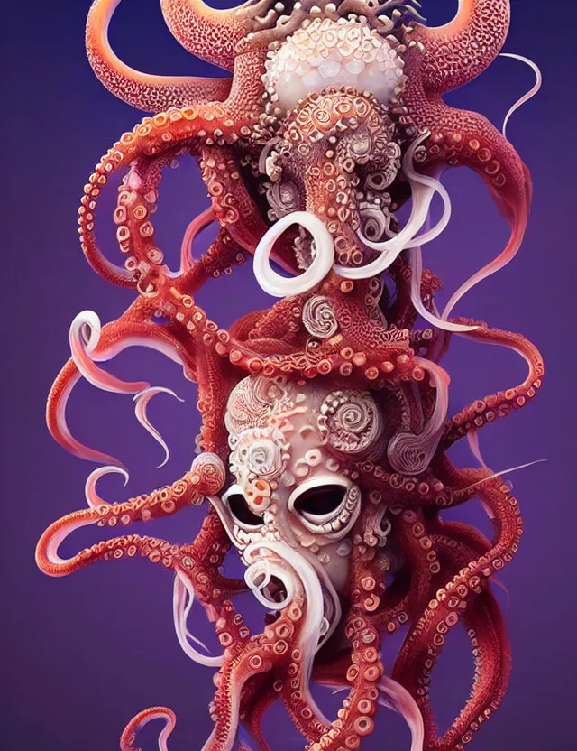 Image similar to 3 d goddess octopus half - turn portrait with long hair with ram skull. beautiful intricately detailed japanese crow kitsune mask and clasical japanese kimono. betta fish, jellyfish phoenix, bio luminescent, plasma, ice, water, wind, creature, artwork by tooth wu and wlop and beeple and greg rutkowski