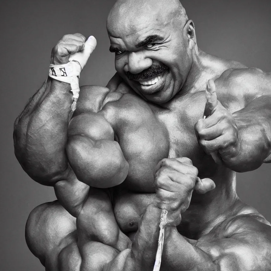 Image similar to award - winning photograph of steve harvey as a wrestler, promotional picture, very highly detailed, cinematic lighting, spotlights, muscular, photo, sharp, clear
