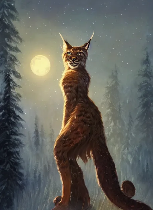 Image similar to lynx holding a golden intricately decorated shiny scepter, night, spruce trees on the sides, mountains in the background, eerie dark atmosphere, moonlit, back light, fantasy art by charlie bowater and yoshitaka amano, trending on artstation