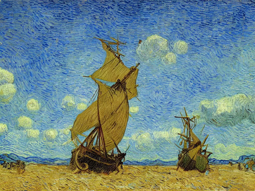 Prompt: oil painting of a viking longship beached on a desert island in the south pacific, light scatter, van gogh