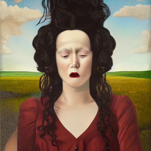 Image similar to a detailed portrait painting of a goth girl with big hair, she is crying, in the style of Raffael and Grant Wood, 4k,