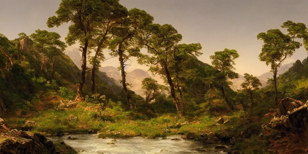 Prompt: a beautiful landscape painting of a rocky valley with patches of woodland, by frederic edwin church, oil on canvas, highly detailed, hd, 4 k