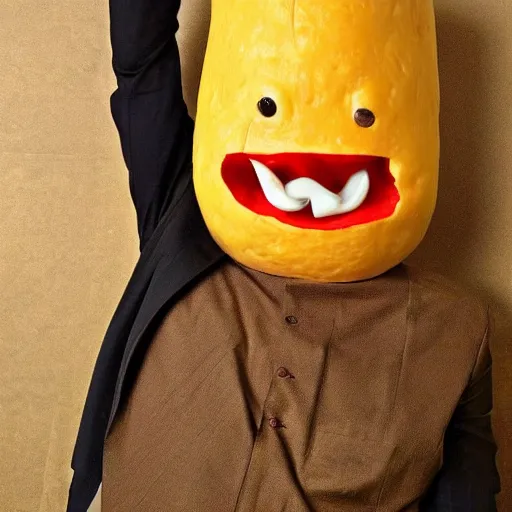 Image similar to anthropomorphic cheese wedge, man with cheese for a head, cheese wedge man. man is similar to a golem of cheese. This man is made COMPLETELY of cheese! Photograph of Cheese. Supercheese man!