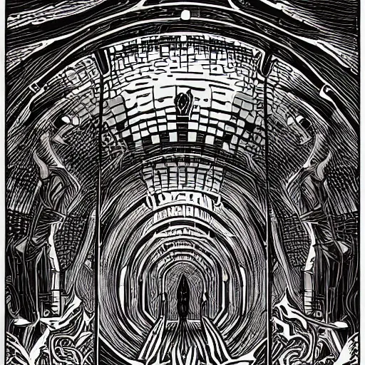 Prompt: woodcut of demonic portal to hell by Dan Mumford and Josan Gonzalez. Stargate. Very detailed intricate linework
