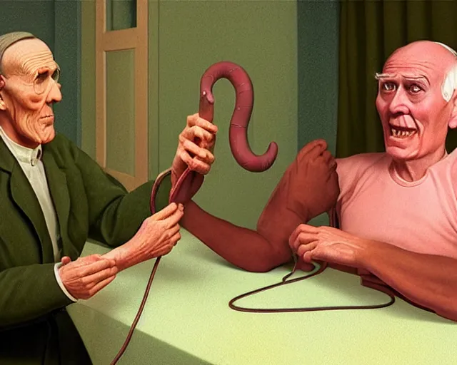 Image similar to the famous snake oil salesman Uncle Aloysius curing a patient of the pink wojacity, painting by Grant Wood, 3D rendering by Beeple, sketch by R. Crumb