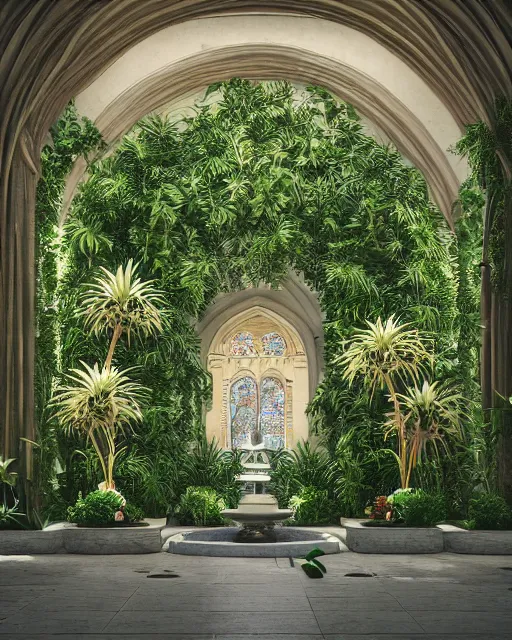 Image similar to cathedral interior with koi pond in the middle surrounded by palm trees, ivy, flowers, tropical plants, roses, and with archways. rendered in octane render with photorealistic lighting