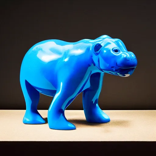 Image similar to a sophie taeuber - arp baby hippopotamus sculpture, by jeff koons, wood, blue epoxy translucent, cubic carved mix