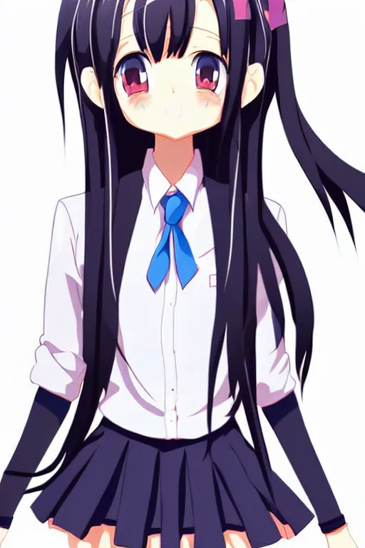 Image similar to full body anime portrait of a cute girl round eyes long hair dressed in a school uniform inside the school, peace sign, stunning, highly detailed, anatomically correct