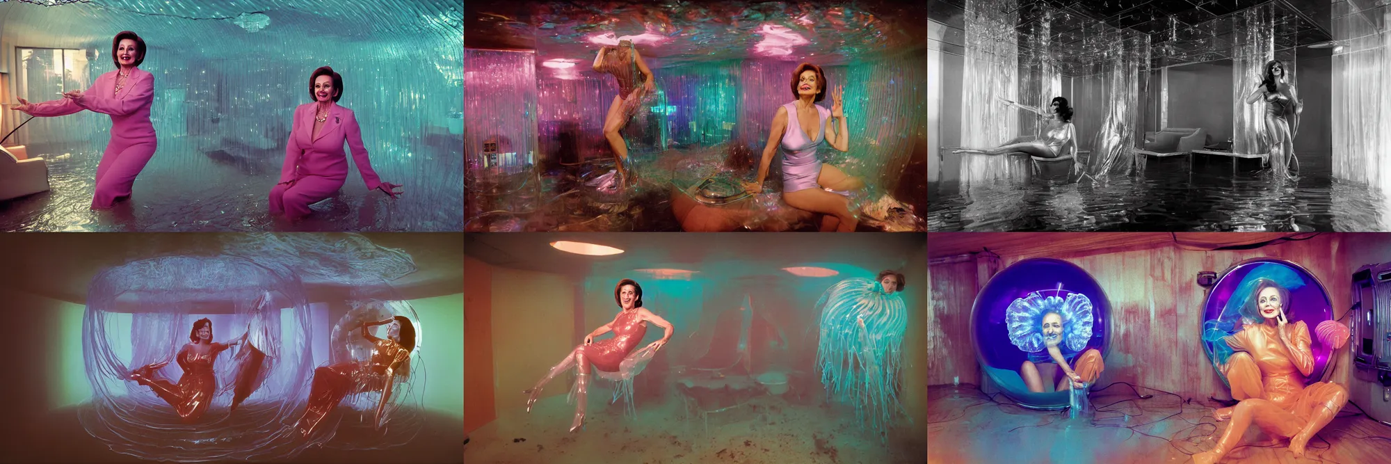 Prompt: glamour photography photo of vivacious Nancy Pelosi as a jellyfish human hybrid wearing vacuum tube roman armor, sitting inside of a partially flooded 1970s luxury bungalow cabin with infinity mirror walls, suspended soviet computer console on ceiling, ektachrome color photograph, volumetric lighting, off-camera flash, 24mm f8 aperture