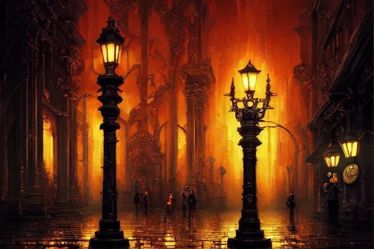 Image similar to baroque oil painting of anime key visual concept art of an ornate detailed oil lamppost at night, rusty black metal, flickering flame, reflective mapping, trending on artstation, palette knife and brush strokes, oil on canvas, style of makoto shinkai greg rutkowski studio ghibli genshin impact