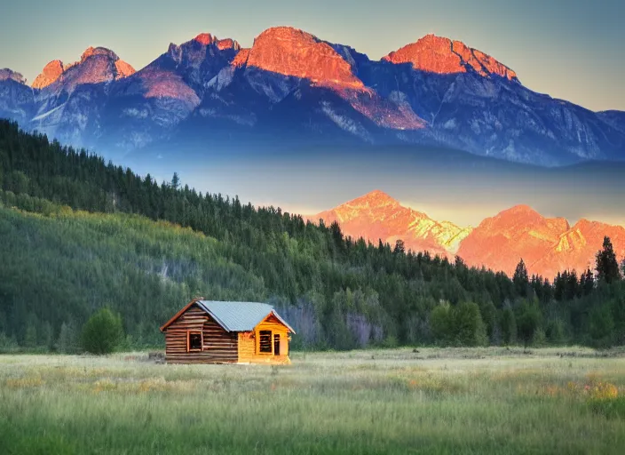 Image similar to watercolor cabin in a field with rocky mountains as a backdrop, sun setting