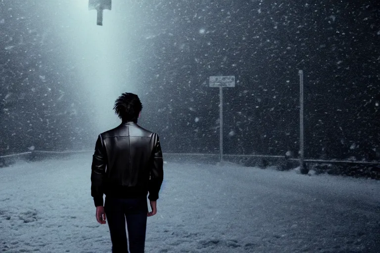 Prompt: blurred movie shot of young man from back pacing lowering head dressed in short leather bomber jacket to empty narrow alley with street lamps in park with pines to the horizon, with hands in pockets, snowfall at night, mullet long haircut, black hairs, cinematic, dramatic, detailed, realistic, movie shot, low greenish lighting