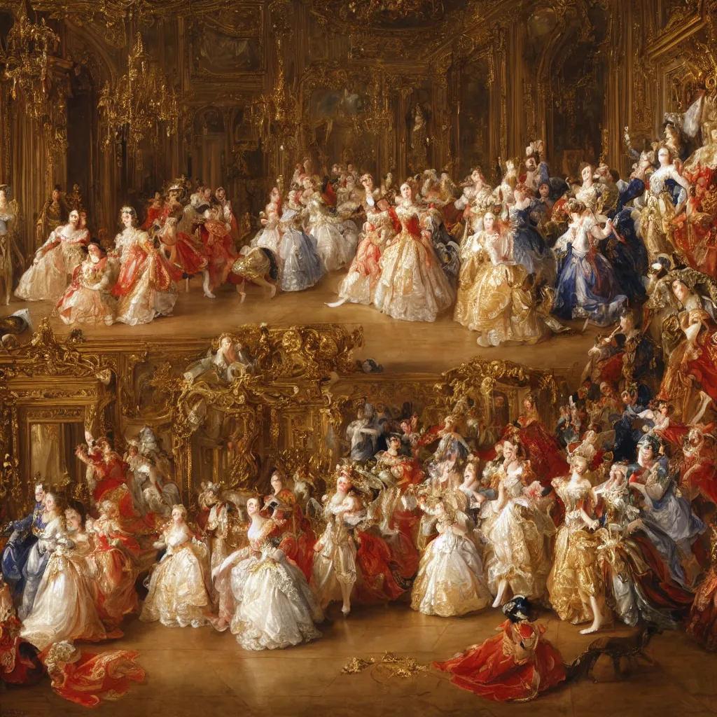 Prompt: the nobles danced in the splendid palace, palace dance, dress in the style of rococo, dreamy, romantic, night lighting, highly detailed, expressive impressionist style, 8 k