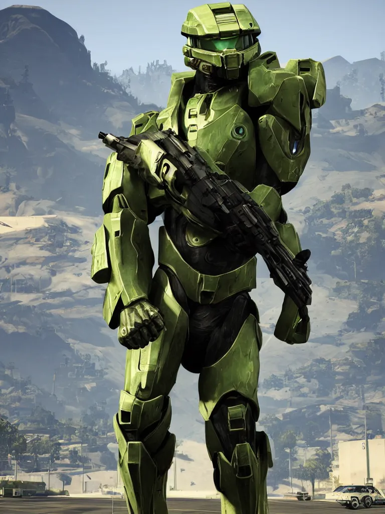 Image similar to Master Chief in gta 5 cover art