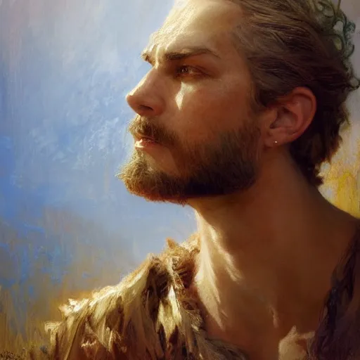 Image similar to detailed cinematic wide shot of beautiful attractive masculine man beard slim face symettrical face clean skin blue eyes white hair, ultra realistic, spring light, painting by gaston bussiere, craig mullins, j. c. leyendecker