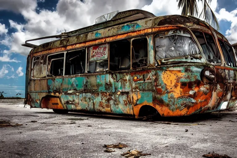 Prompt: low wide angle shot of dilapidated fallout 5 miami, tropical coastal city, desolate, dilapidated neon signs, just a rusted retro futuristic vintage parked vehicles like cars, buses, trucks, trams, sunny weather, few clouds, volumetric lighting, photorealistic, daytime, spring, sharp focus, ultra detailed, technicolour 1