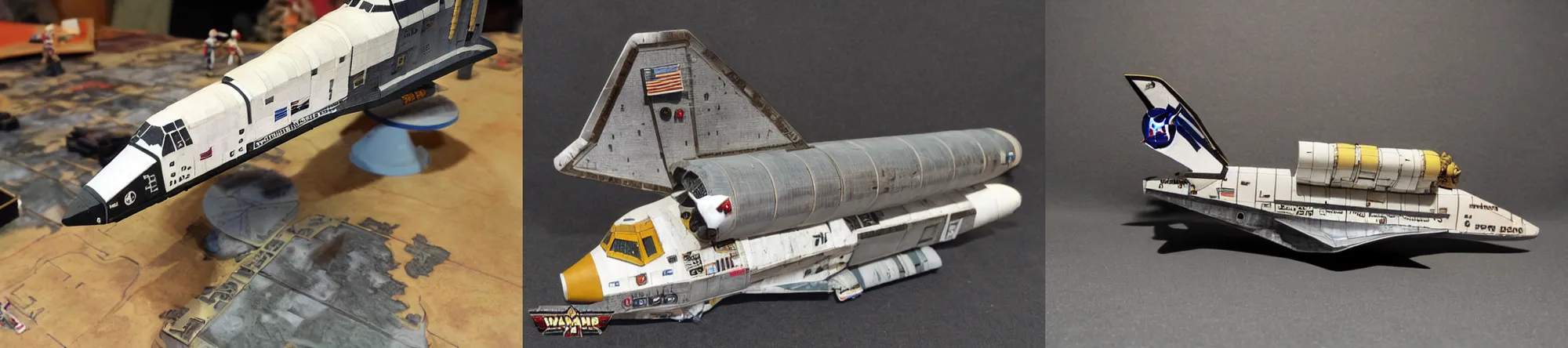 Prompt: warhammer 4 0 k, nasa space shuttle model miniature on tabletop, wargame, photo