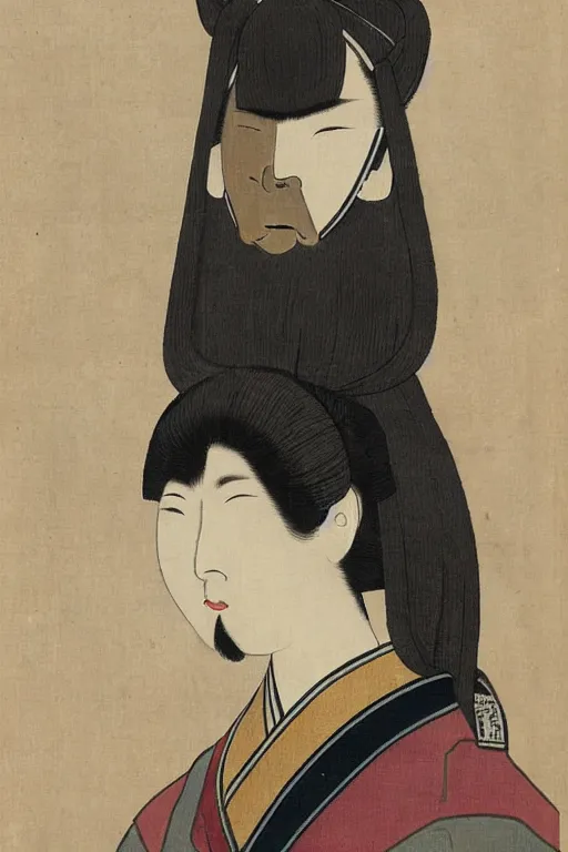 Image similar to native japanese woman with partially masked face, painted by wang neng jun