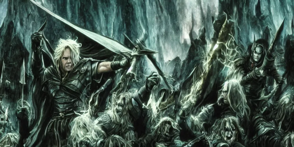 Prompt: still frame from a Drizzt Do'Urden film if it were directed by Peter Jackson, fantasy, high resolution, 35mm film