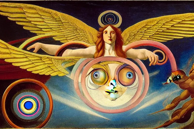 Image similar to painting of rainbow ophanim surrounded by large diagonally rotating rings, ophanim has bird wings, giant eyeball in the middle of the ophanim, by roberto. ferri, sandro botticelli, by caravaggio, by alexandre cabanel, by george clark stanton, amazing details, mythological, biblical, beautiful composition