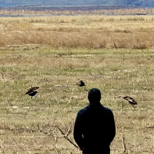 Image similar to a man watching vulture circling prey, ready to strike