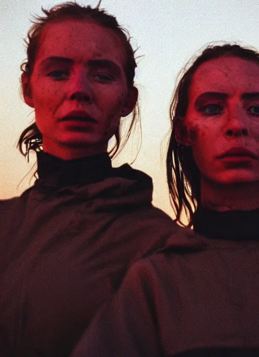 Image similar to cinestill 5 0 d photographic portrait of two loving clones, beautiful women wearing rugged black techwear on a desolate plain with a red sky, extreme closeup, lizard on ground, cyberpunk style, in front of a brutalist dark metal facility, dust storm, 3 5 mm, 8 k, f / 3 2, high resolution, ultra realistic faces