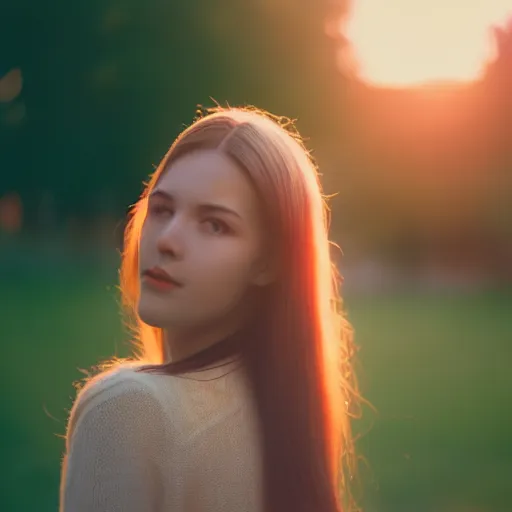 Prompt: beautiful hyperreal photograph of a cute woman,, golden hour, soft focus, medium shot, 8 k, portra 4 0 0