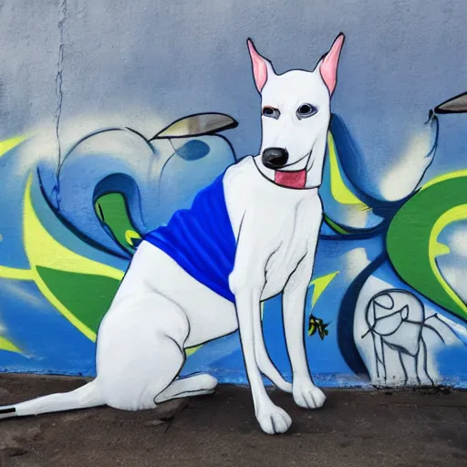Prompt: grafitti mural of a white greyhound wearing a blue wizard hat and blue robes
