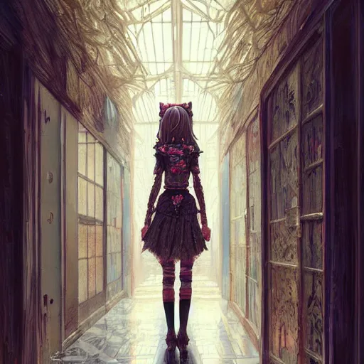 Image similar to beautiful girl in intricate clothing walking through a hallway reaching hands, reflections, very high intricate details, horror, painting, digital anime art, medium shot, mid - shot, wlop, ilya kuvshinov, artgerm, krenz cushart, greg rutkowski, sana takeda