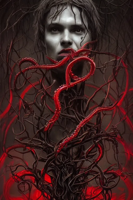 Prompt: realistic portrait beautiful detailed matte painting of cinematic movie scene a ancient god of death, tentacles, black and red, thorns, vines, horror, created by gustave dore and greg rutkowski, high detailed, smooth draw, synthwave neon retro, intricate, realistic proportions, dramatic lighting, trending on artstation.