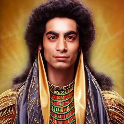 Image similar to a detailed fantasy character portrait of Mohamed Mounir as egyptian stage star by lauri blank, artgerm, evelyn de morgan, 8K, 50mm lens