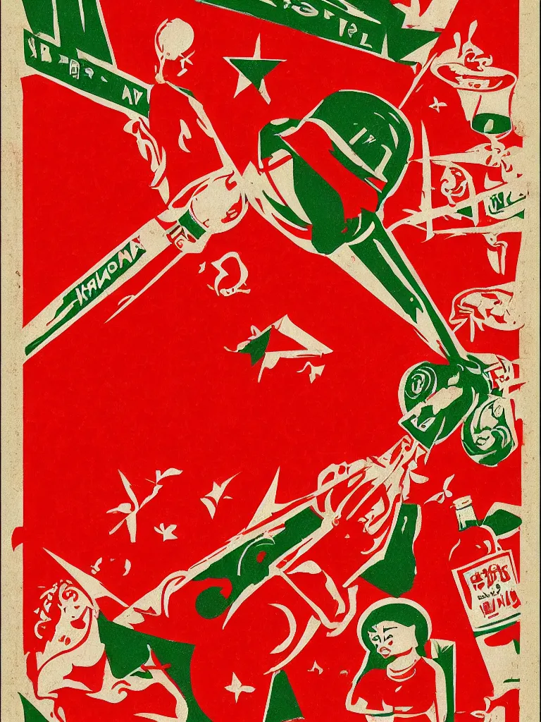 Prompt: a sriracha bottle as a vintage communist propaganda poster, bauhaus style, grainy