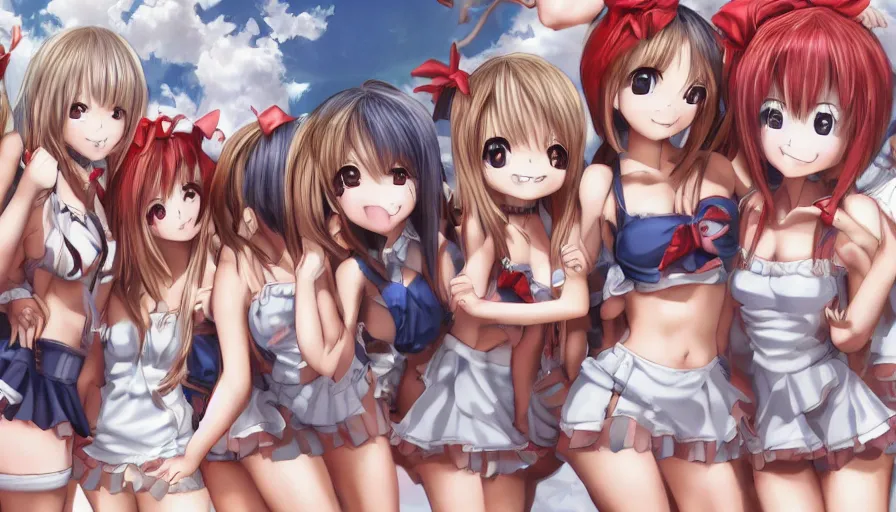 Image similar to waldo hiding amongst a group of cute anime girls in short miniskirts, lightly dressed, ultra detailed digital art, hyper real, detailed, closeup shot, ultra detailed