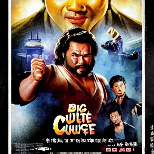 Prompt: big trouble in little china, poster, but the main actor is the rock