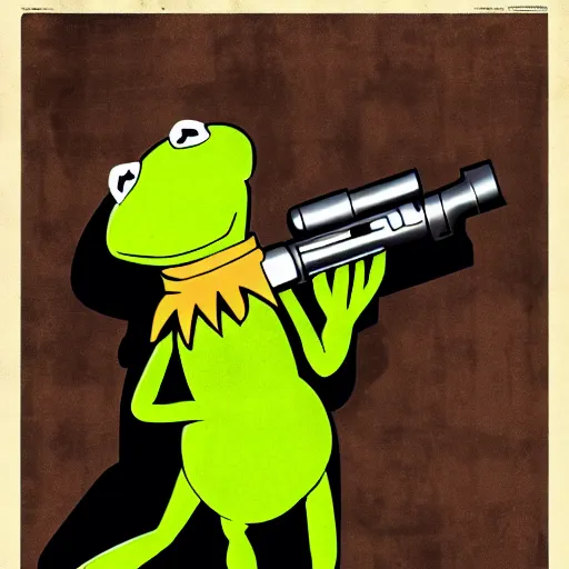 Prompt: Kermit holding a Kalashnikov rifle, side profile, two tone, propaganda poster, oppressive, weathered poster, very detailed, stark, cold war aesthetic