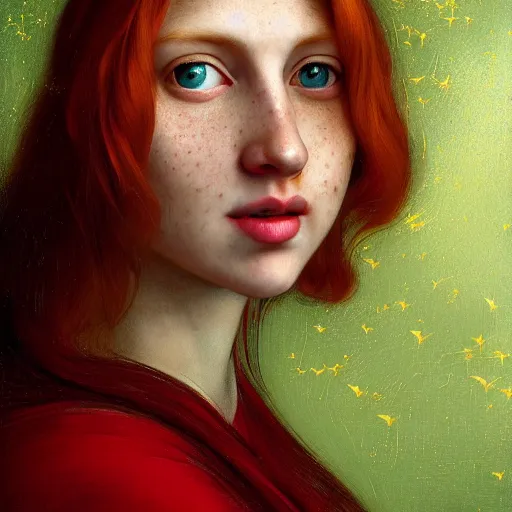Prompt: portrait of a red haired woman, long hair, green eyes, hint of freckles, beautiful round face, soft amazed smiles, among golden fireflies, highly detailed, deep focus, elegant, digital painting, smooth, sharp focus, golden ratio, dramatic illumination, ultra realistic, 8 k, art by artemisia lomi gentileschi and caravaggio