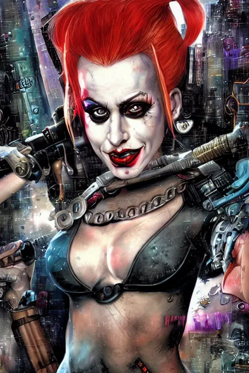 Image similar to a dream portrait of cyberpunk Harley Quinn in post apocalyptic Gotham art by Paul Dini, Joe Chiodo