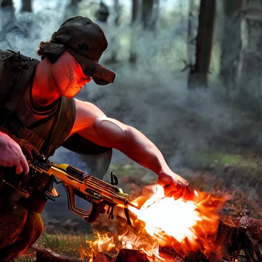 Prompt: Rambo shooting flames out of a flamethrower, moonlight, burning trees, burning computers on the floor, very vey very detailed face, very very very realistic face, real picture, 8K, action movie scene