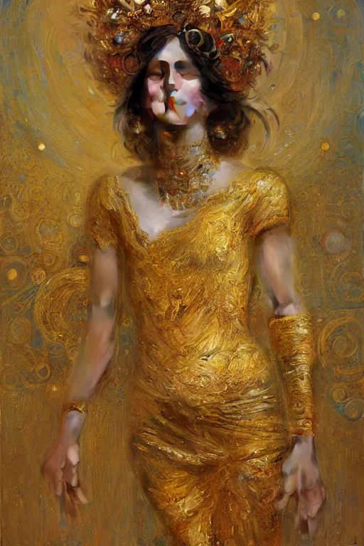 Image similar to an intricate artistic klimt golden motives and textures, hyper detailed, ornamental gold headpiece, octane render, vivid colors, artstation, by jeremy mann, by alphonse mucha, by boris vallejo