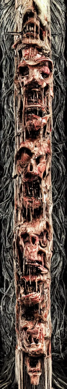 Prompt: totem pole made of skin blood in a giger artwork psycho stupid fuck it insane, looks like death but cant seem to confirm, deep decaying bleeding colors!, various refine techniques, micro macro autofocus, to hell with you, later confirm hyperrealism, set back dead colors, devianart craze