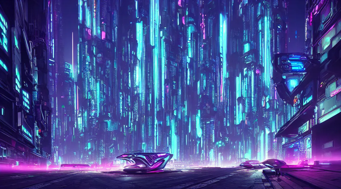 Image similar to street view of futuristic cyberpunk city at night with neon lights, cyberpunk art by stephan martiniere, cgsociety, ring towers, line art, retrofuturism, retrowave, cityscape, futuristic, zaha hadid, beeple