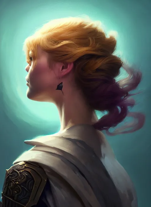 Image similar to side portrait, imogen poots, paladin, fantasy, gloomhaven, luminescent, organic painting, matte painting, bold shapes, hard edges, gaudy colors, octane render, unreal engine, by greg manchess, huang guangjian, gil elvgren, sachin teng, greg rutkowski, jesper ejsing, ilya kuvshinov