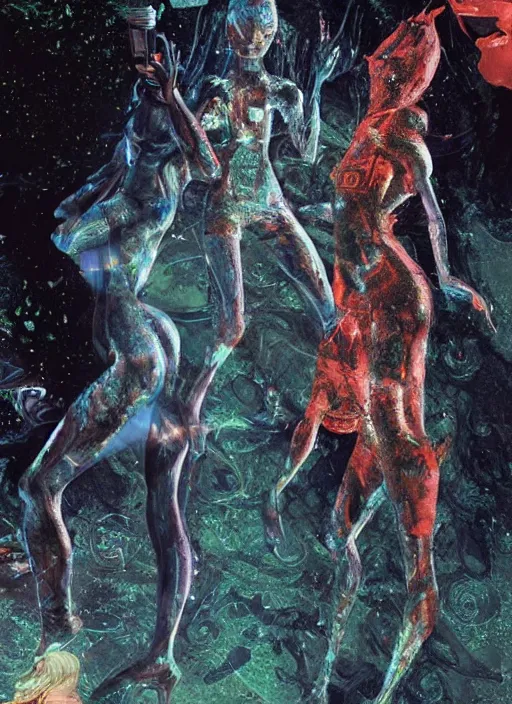 Image similar to astronauts girls in dark void underwater - complex and hyperdetailed technical suit design. reflection and dispersion materials. rays and dispersion of light. volumetric light. f / 3 2. noise film photo. flash photography. ultra realistic, wide angle. poster by wayne barlowe, hajime sorayama aaron horkey, craig mullins