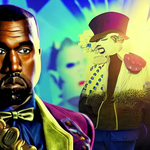 Image similar to Kanye West as willy wonka in fallout new vegas, splash art, movie still, cinematic lighting, dramatic, octane render, long lens, shallow depth of field, bokeh, anamorphic lens flare, 8k, hyper detailed, 35mm film grain