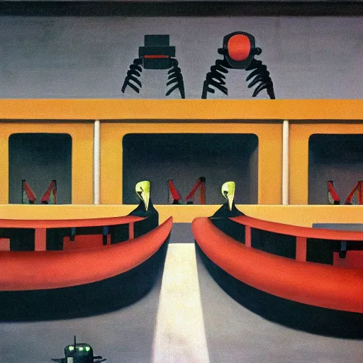 Prompt: drab human slaves on a conveyor belt, giant steel teeth, guarded by fascist robot overlords, brutalist facility, dystopian, pj crook, edward hopper, oil on canvas